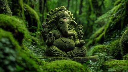 Obraz premium Ganesha carving in lush forest.