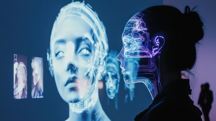 Futuristic digital art showcasing ai-enabled faces modern gallery visual art installation interactive environment close-up perspective