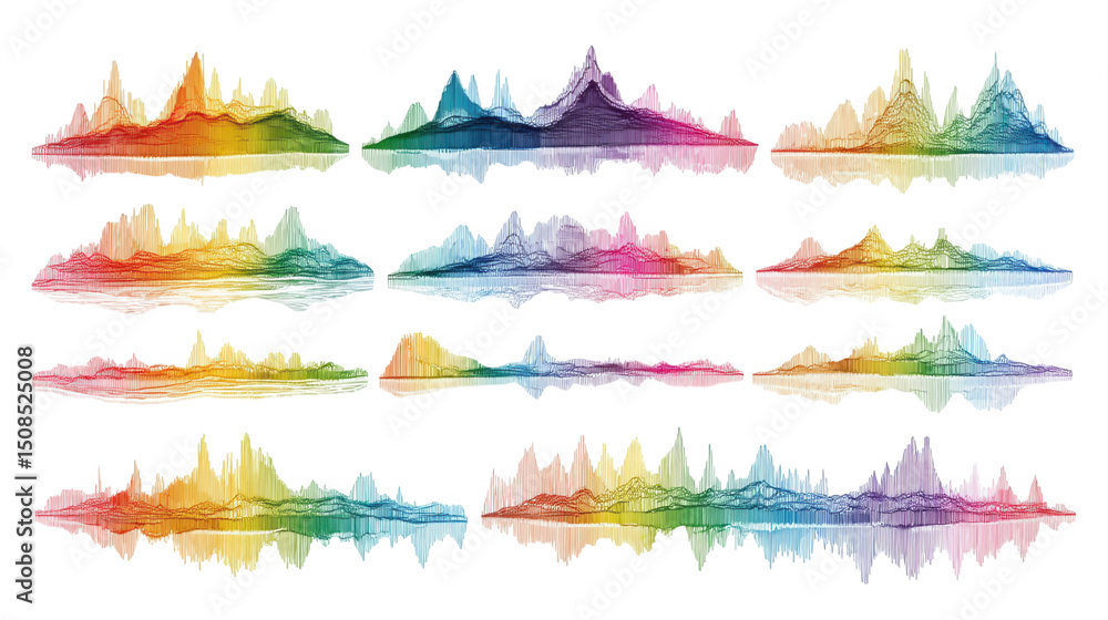 Poster set of twelve colorful brainwave visualizations representing different mental states, with a transpa