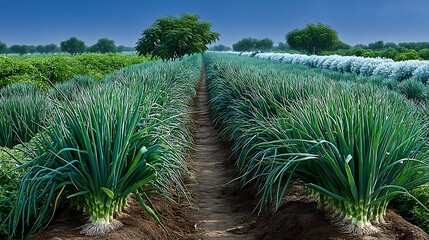 Beautiful green onion fields under bright blue sky high resolution photo