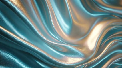Abstract close up of teal and gold shimmering fabric with soft, flowing waves and folds. Subtle highlights and shadows create a luxurious texture. - Powered by Adobe