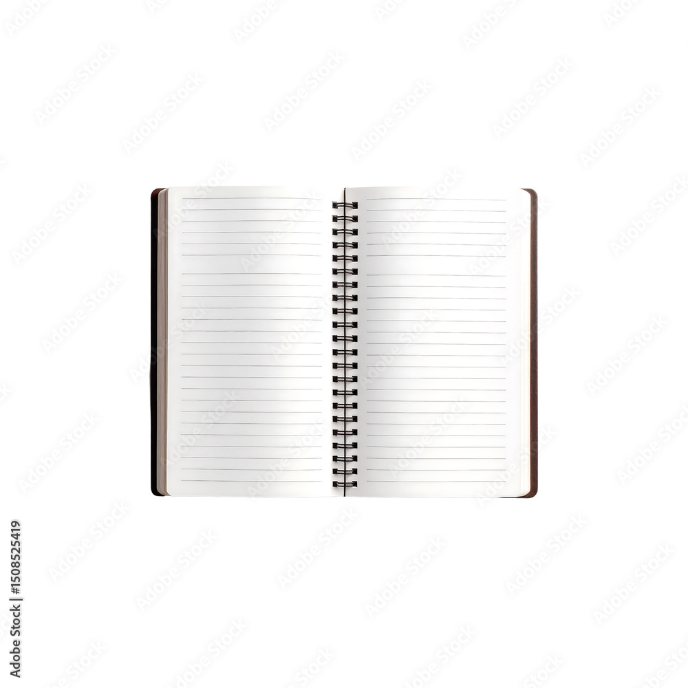 Poster open spiral notebook with lined pages blank template on transparent background