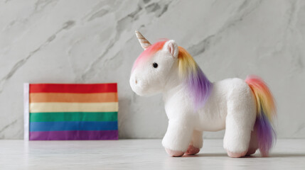 Rainbow-maned unicorn plush next to pride symbol