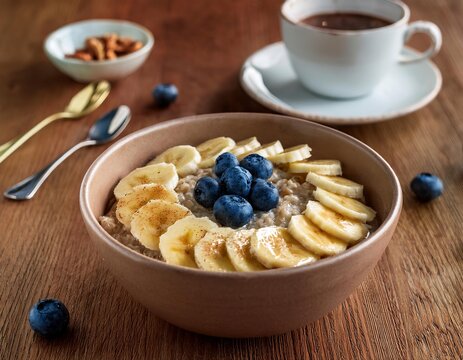 Warm oatmeal bowl topped with sliced bananas, blueberries, and honey