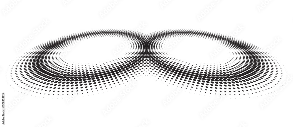 Poster two circles as halftone dotted abstract background. perspective view. black shape on a white backgro
