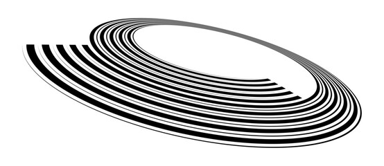 Spiral with black speed lines as dynamic abstract vector background or logo or icon. Artistic illustration with perspective on white background.