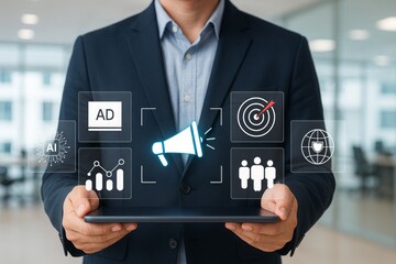 Digital Marketing Strategy Businessman Tablet AI Technology Advertising Campaign Global Reach Audience Targeting Successful Modern Business Professional Planning Future Growth Innovation Development  