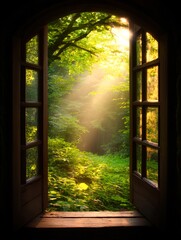 A serene view of a sunlit forest through an open window reveals lush greenery and soft rays of light, Ideal for themes of nature, relaxation, or tranquility in design or wellness projects,