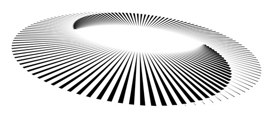 Lines in circle abstract background. Dynamic transition illusion. Black shape on a white background. Perspective view.
