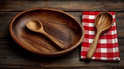 Rustic Wooden Bowl Spoons Table Setting.