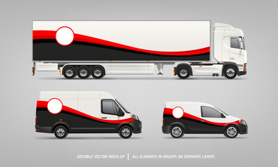 Side view Van, Truck mockup with red stripe branding design. Brand identity of red stripe for your logo design space. Branding vehicle. Horizontal AD banner. Editable vector template