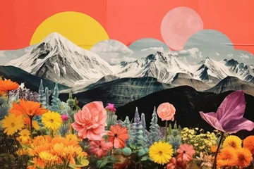 Selbstklebende Fototapeten Collage Retro dreamy mountain with sprong flowers art landscape outdoors. © Rawpixel.com