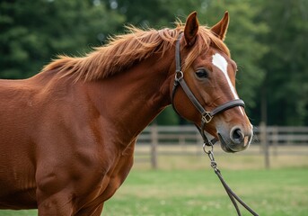 Naklejka premium A reddish-brown horse, head & shoulders, halter, outdoors