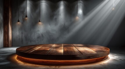 Rustic Wooden Podium with Studio Lighting, and Dark Background.