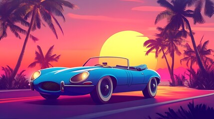 Retro convertible car on a vibrant sunset highway.
