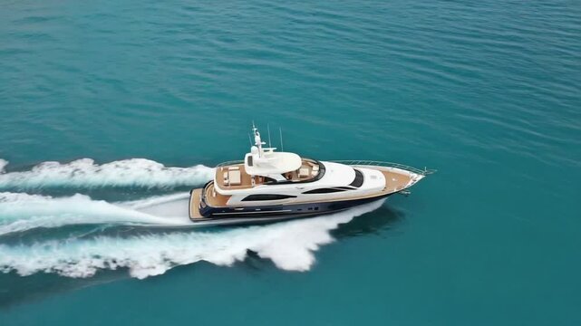 Aerial drone top down cinematic shot sleek modern super yacht teak wooden deck deep blue Sea high speed, long white V-shape, smooth orbiting midday sun waves, cinematic shadows light play deck