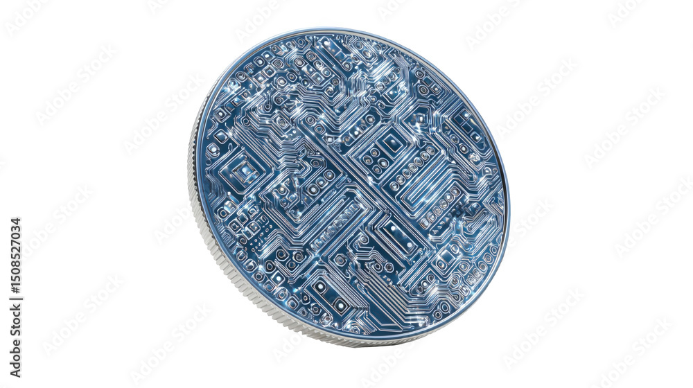 Poster closeup of a futuristic coin embedded with a circuit board pattern, symbolizing cryptocurrency, bloc