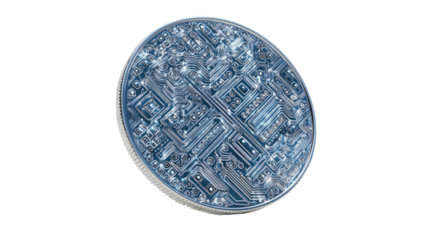 Closeup of a futuristic coin embedded with a circuit board pattern, symbolizing cryptocurrency, blockchain technology, and the future of finance on a transparent background