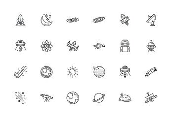 Space icons rockets planets galaxies astronauts UFOs sun moon stars satellite telescope comet atom