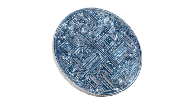 Closeup of a futuristic coin embedded with a circuit board pattern, symbolizing cryptocurrency, blockchain technology, and the future of finance on a transparent background