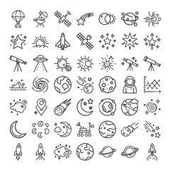 The image shows an array of 49 outlined space exploration and celestial body illustrations