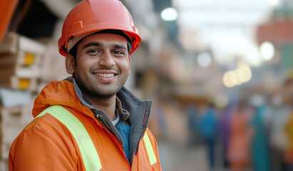 Portrait of a smiling  Indian male worker wearing hard hat safety helmet and protective clothing at industrial warehouse. 