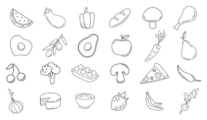 Collection of hand-drawn food icons including fruits vegetables and ingredients vector illustration