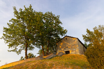 Small Rural Church on Hilltop at Golden Hour in Treville, Piedmont, Italy
