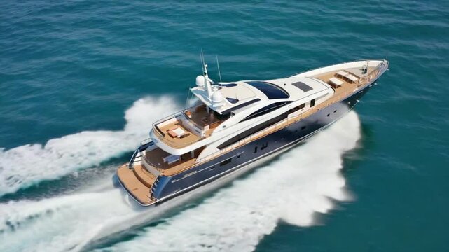 Aerial drone top down cinematic shot sleek modern super yacht teak wooden deck deep blue Sea high speed, long white V-shape, smooth orbiting midday sun waves, cinematic shadows light play deck
