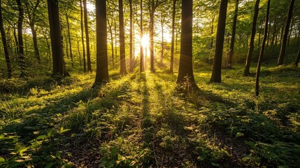 Obraz premium Sunrise illumination in a lush verdant forest nature scene tranquil environment serene viewpoint