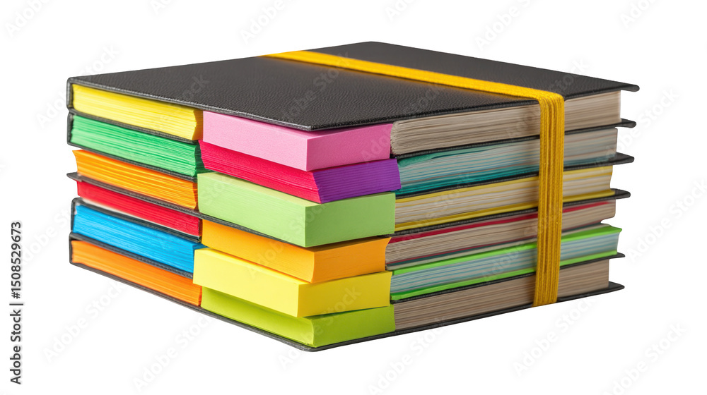 Poster colorful notebooks are stacked and secured with a yellow elastic band, featuring sticky notes markin