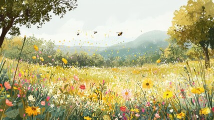 Fototapeta premium Spring meadow blooming with wildflowers and bees serene landscape photography nature scenic view