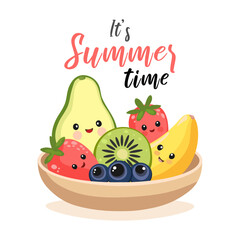 Cute Smiling Fruits on Plate – Vector Illustration of Strawberry, Banana, Kiwi and Blueberry with Faces on White Background for Kids, Seasonal and Holiday Design Projects