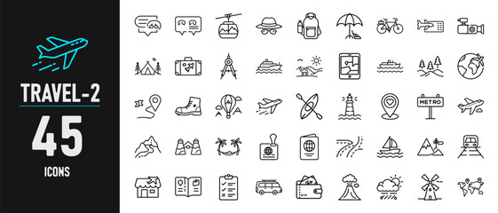 45 travel Icons with Black and White Theme