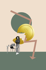 Pop vertical photo collage of inexperienced businesswoman businessman stand arrow decline dollar...