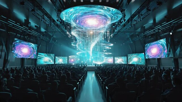 Vast, dark futuristic conference hall, thousands attendees looking up. swirling, galaxy-like holographic entity data light mid-air, light attendees. Epic scale awe inspiring, sound implied