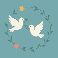 Obraz premium Minimalist illustration of two doves with olive branches, surrounded by a floral wreath on a teal background.