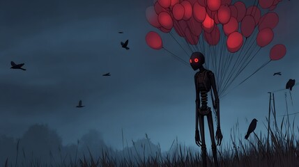 Skeleton holding red balloons with night sky, and surreal art.