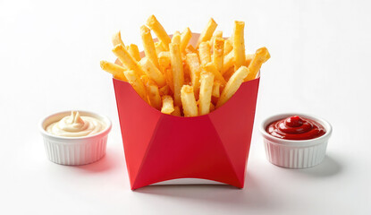 Crispy French Fries in a Red Box with Dipping Sauces