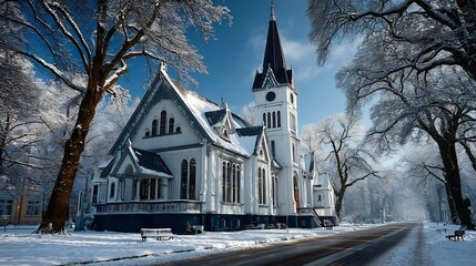 Snowy Church Winter Landscape with Scandinavia.