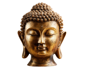 Serene Buddha head sculpture, showcasing intricate details and golden finish, symbolizes peace and tranquility. This artistic piece is perfect for meditation spaces or home decor
