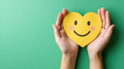 paper cut smiley face in hands make heart symbol for protection around on green background. positive thinking, mental health, assessment, world mental health day concept
