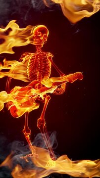 Burning skeleton playing rock guitar. 3D animation with real fire flames filmed in slow motion.