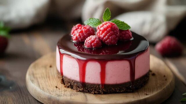 Elegant raspberry mousse dessert with chocolate crust and glossy berry glaze, topped with fresh raspberries and mint leaves.