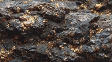 Obraz premium Raw gold embedded in dark stone matrix. Golden flecks & deposits create a textured surface, highlighting precious metals in their natural state.