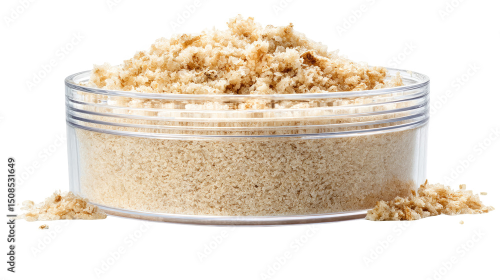 Poster breadcrumbs overflowing a transparent container, creating a textured and inviting presentation on a 