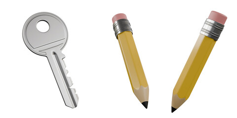 Key and Pencil on white background