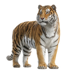 Fototapeta premium Majestic tiger, orange and black striped animal, wildlife creature, standing isolated on white
