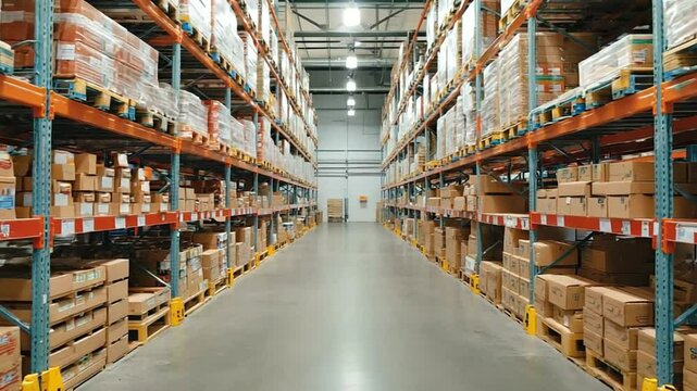 A spacious warehouse interior filled with neatly stacked boxes and pallets, showcasing organized storage