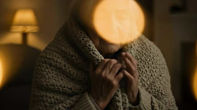 Close up of elderly woman wearing beige knitted shawl in soft lighting